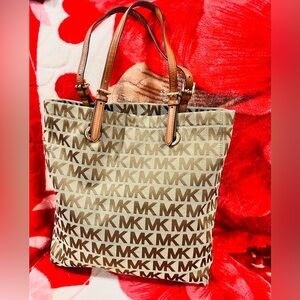 Michael Kors Brown & Beige MK Signature Tote with Leather Straps